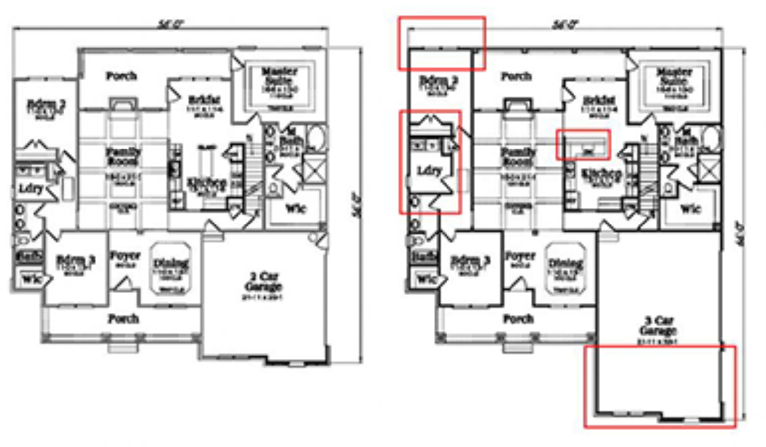 An example of modifications being indicated for a custom house plan.