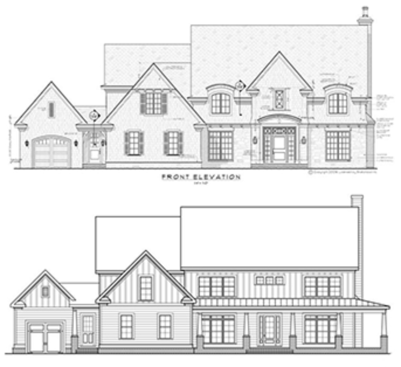 Illustrations of exterior house plans showing the front and back of a home.