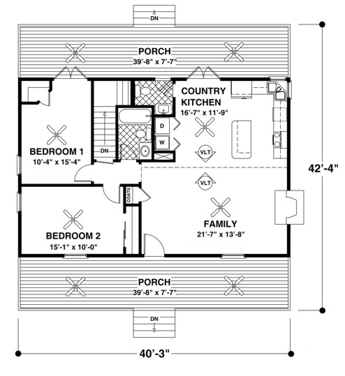 Country Plan: 1,059 Square Feet, 2 Bedrooms, 1.5 Bathrooms - 036-00172