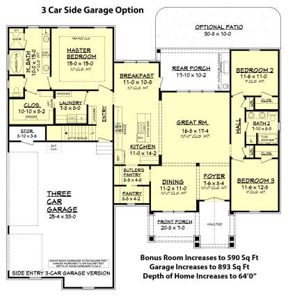 3 Car Side Garage Option for House Plan #041-00161