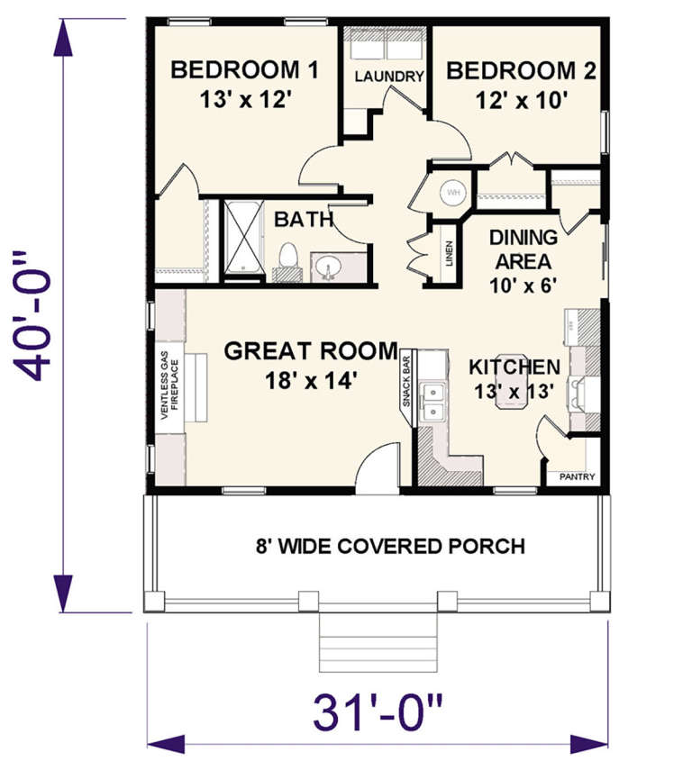 Cottage Plan: 992 Square Feet, 2 Bedrooms, 1 Bathroom - 1776-00090