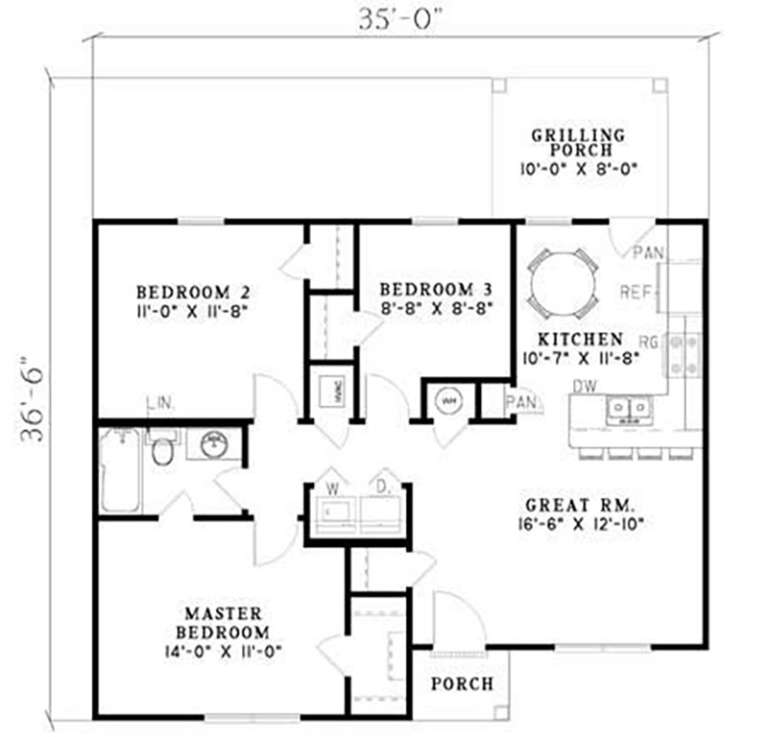 Ranch Plan: 930 Square Feet, 3 Bedrooms, 1 Bathroom - 110-00011