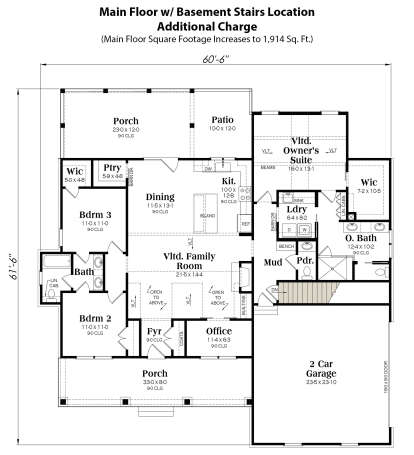 Main Floor w/ Basement Stairs Location for House Plan #009-00398