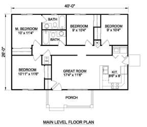 Ranch Plan: 1,040 Square Feet, 4 Bedrooms, 2 Bathrooms - 340-00026