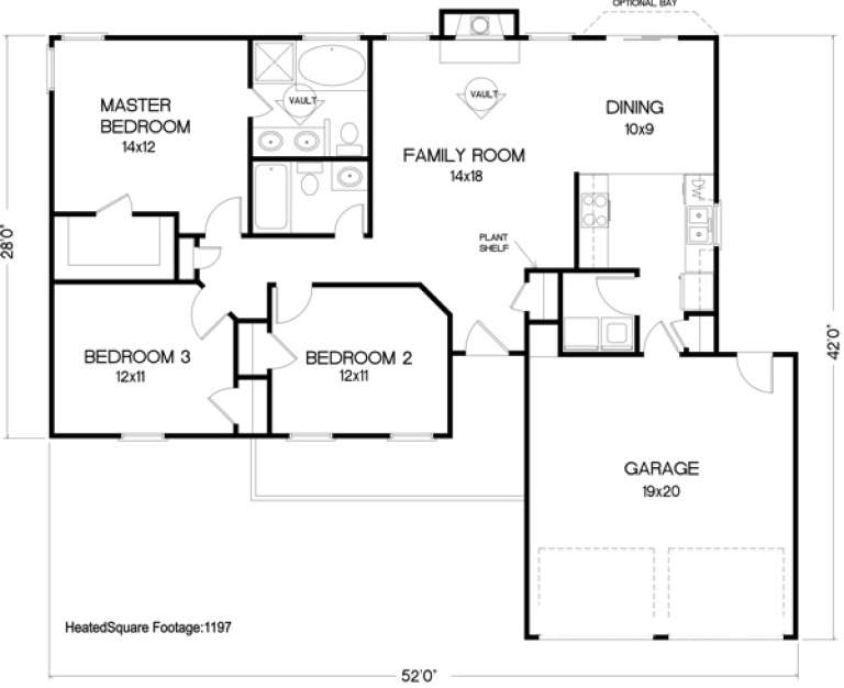 Ranch Plan: 1,197 Square Feet, 3 Bedrooms, 2 Bathrooms - 036-00010